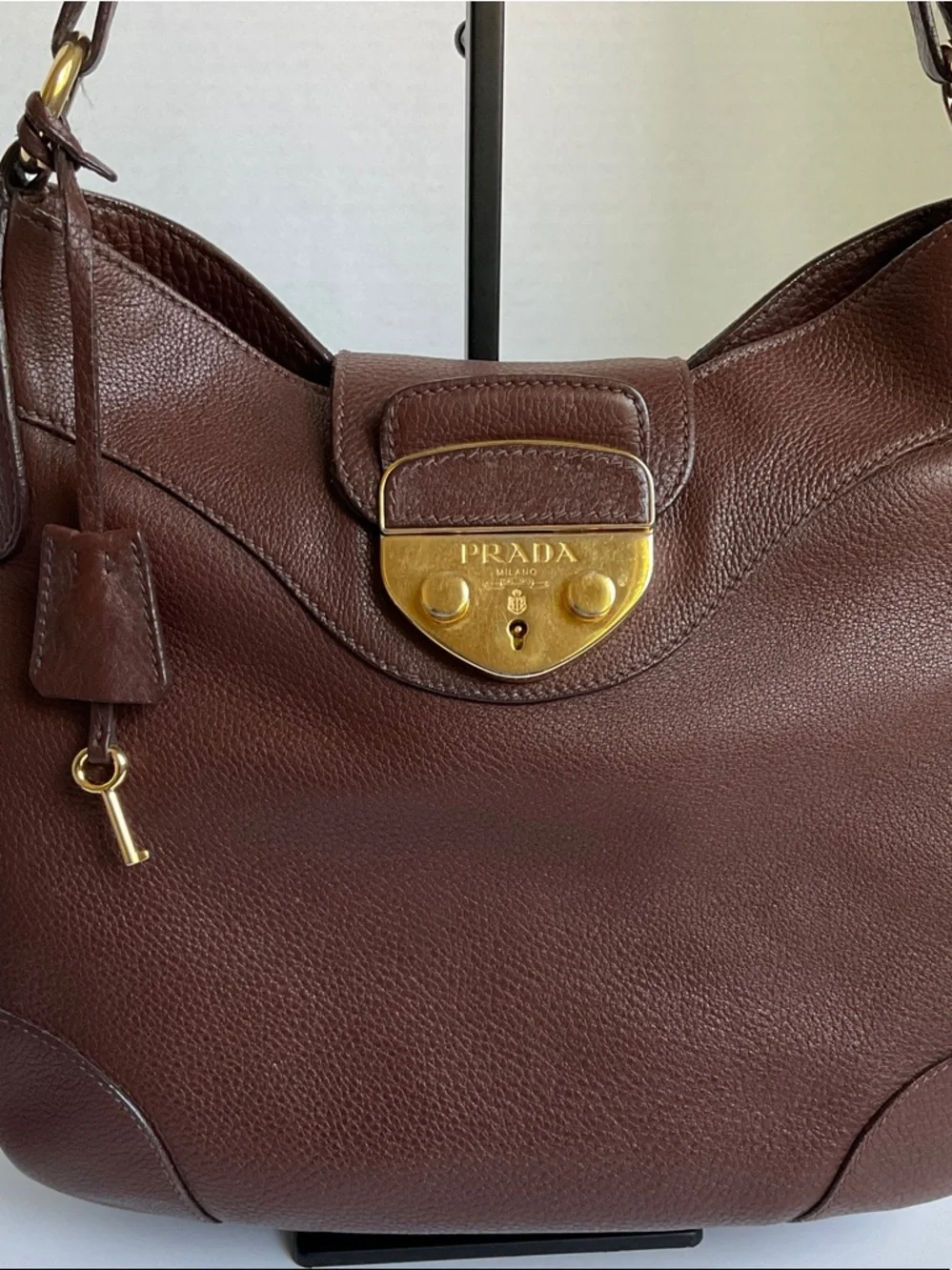 Prada Chocolate Brown Pebbled Leather Hobo with Gold Hardware - Picture 7 of 10